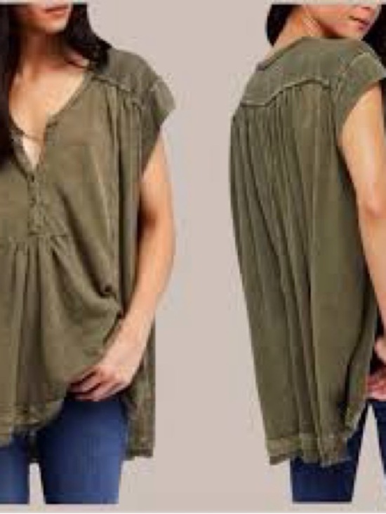Free People Tops - Free People Aster Henley Olive Green Short Sleeve Peasant Tunic